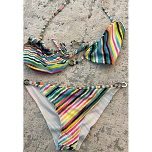Rainbow Striped Bikini Set Halter Triangle Top Side Tie Bottoms O-Ring Detail M